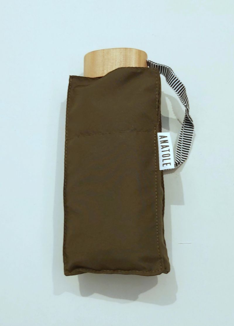 Micro parapluie Anatole pliant plat de poche uni kaki bronze pg bois naturel Léonard - léger 220g & solide
