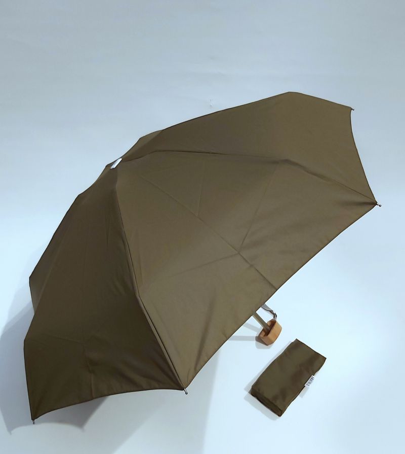 Micro parapluie Anatole pliant plat de poche uni kaki bronze pg bois naturel Léonard - léger 220g & solide