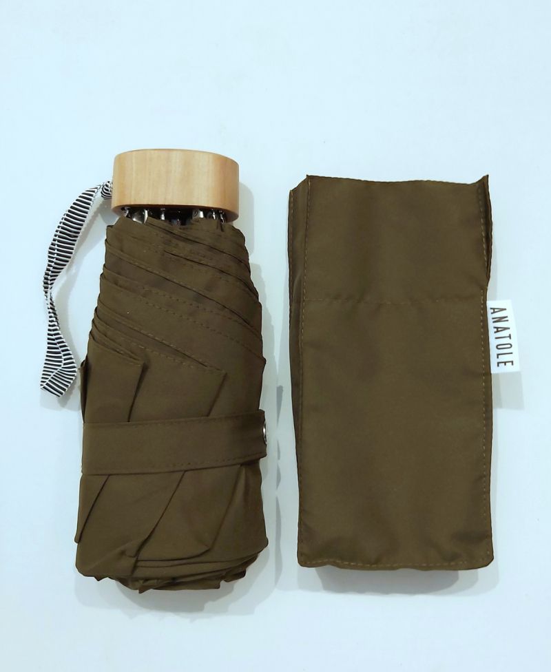 Micro parapluie Anatole pliant plat de poche uni kaki bronze pg bois naturel Léonard, léger 210g & solide