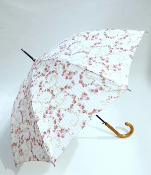 Parapluie long auto rose fleurette anti uv à 97% Guy de Jean, solide & français