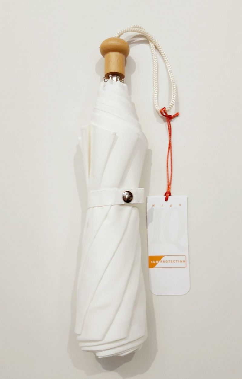  Ombrelle anti uv à 100% pliante en coton blanc doublé intérieur poignée bois - légère & française
