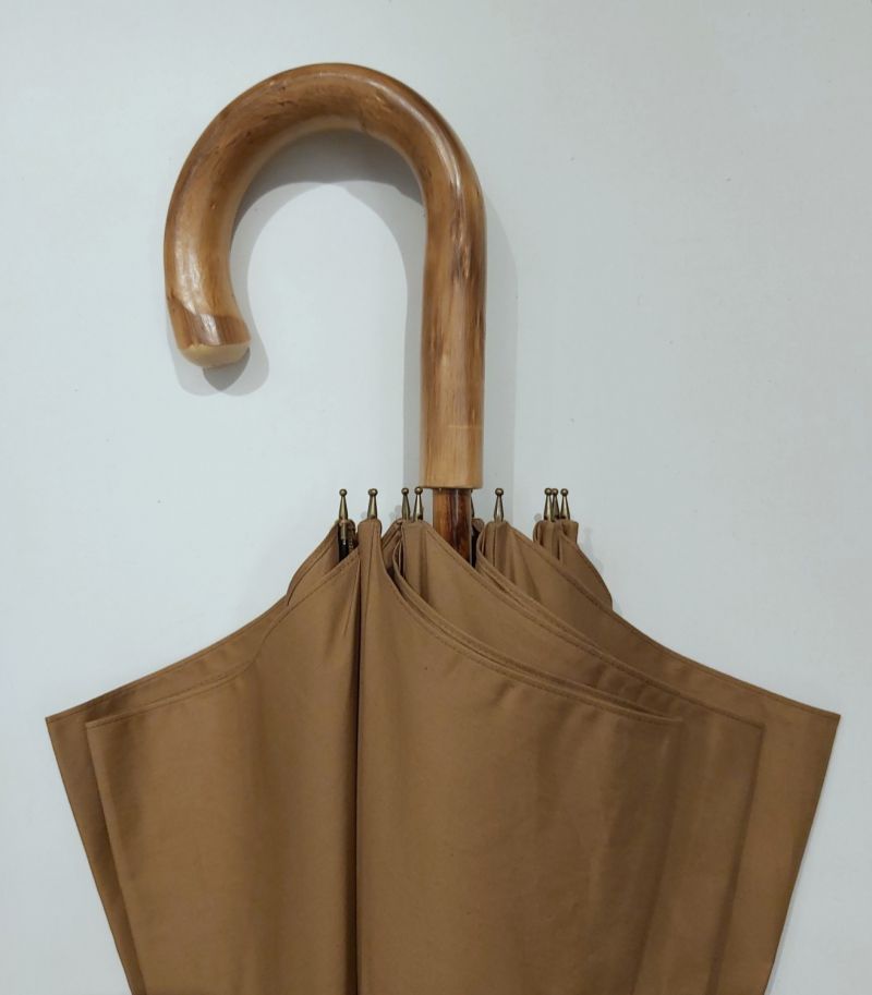 EXCLUSIVITE Parapluie de BERGER long en coton anti uv caramel 10 baleines & poignée bois en châtaignier, grand & anti vent