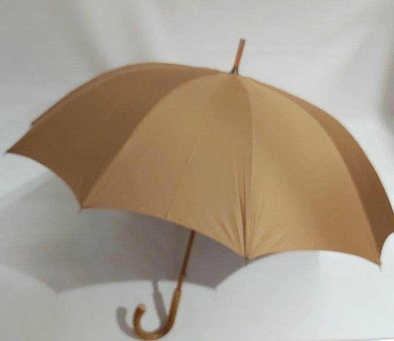 EXCLUSIVITE Parapluie de BERGER long en coton anti uv caramel 10 baleines & poignée bois en châtaignier, grand & anti vent