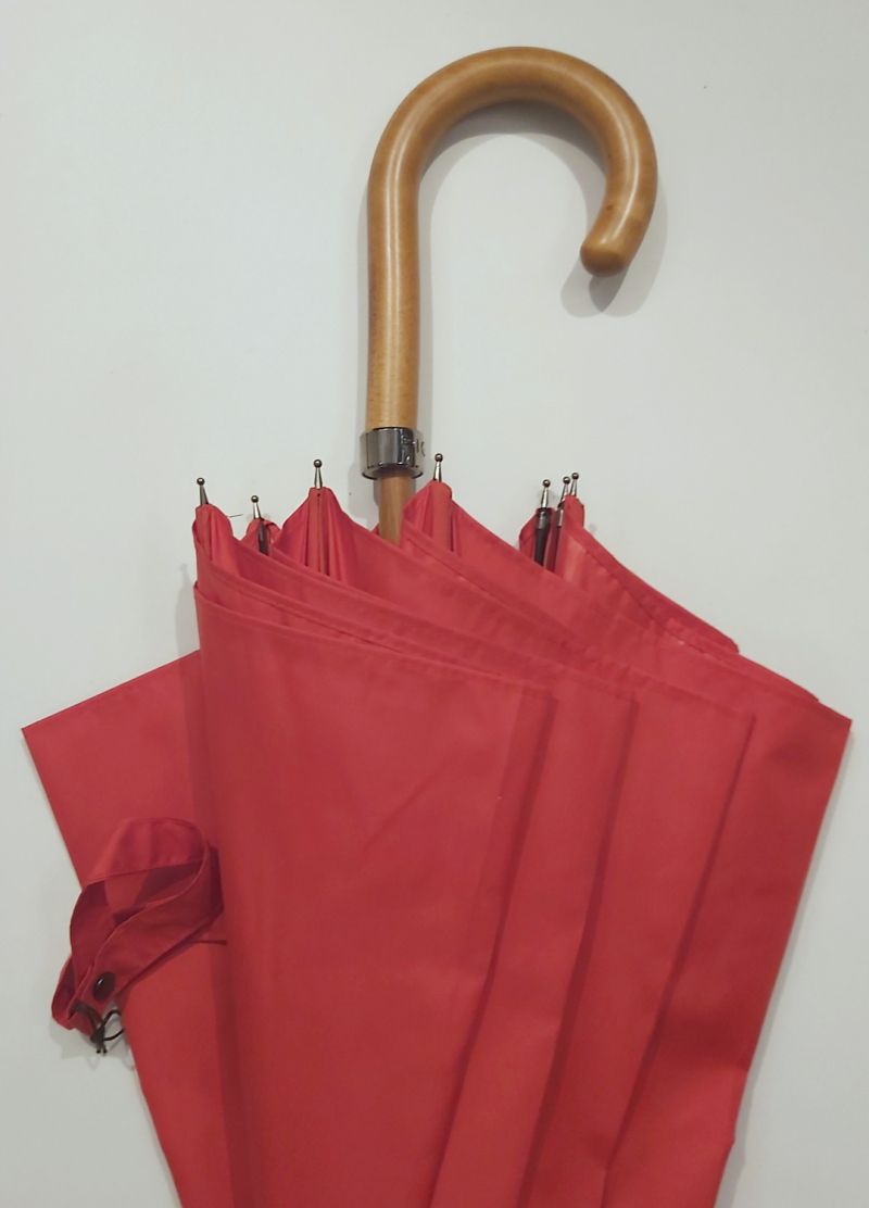 EXCLUSIF : Parapluie canne bois manuel uni rouge anti vent français, Léger & solide