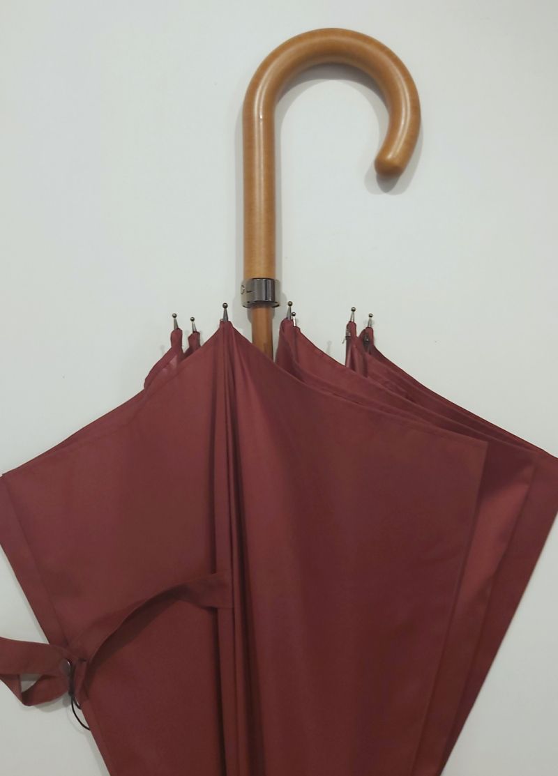 EXCLUSIF : Parapluie canne bois manuel uni bordeaux français anti vent, Léger & solide