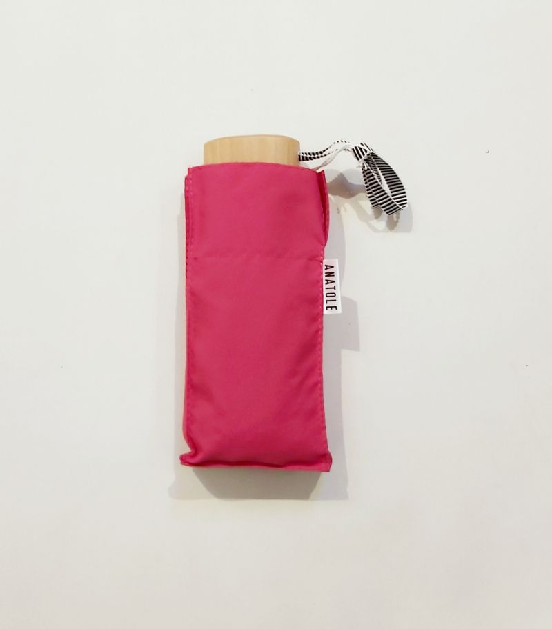 Parapluie de poche micro plat manuiel uni fuschia Suzanne pg bois naturel Anatole 17cm, léger 210g, solide & français