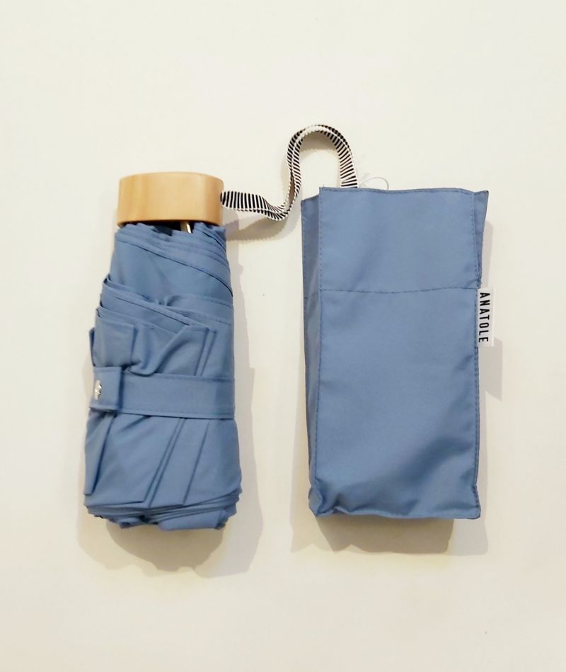  Parapluie de poche micro pliant plat uni bleu gris Victor pg bois naturel Anatole 17cm - Léger 220g, solide & français