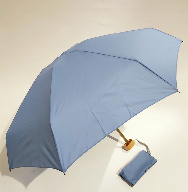  Parapluie de poche micro pliant plat uni bleu gris Victor pg bois naturel Anatole 17cm - Léger 220g, solide & français