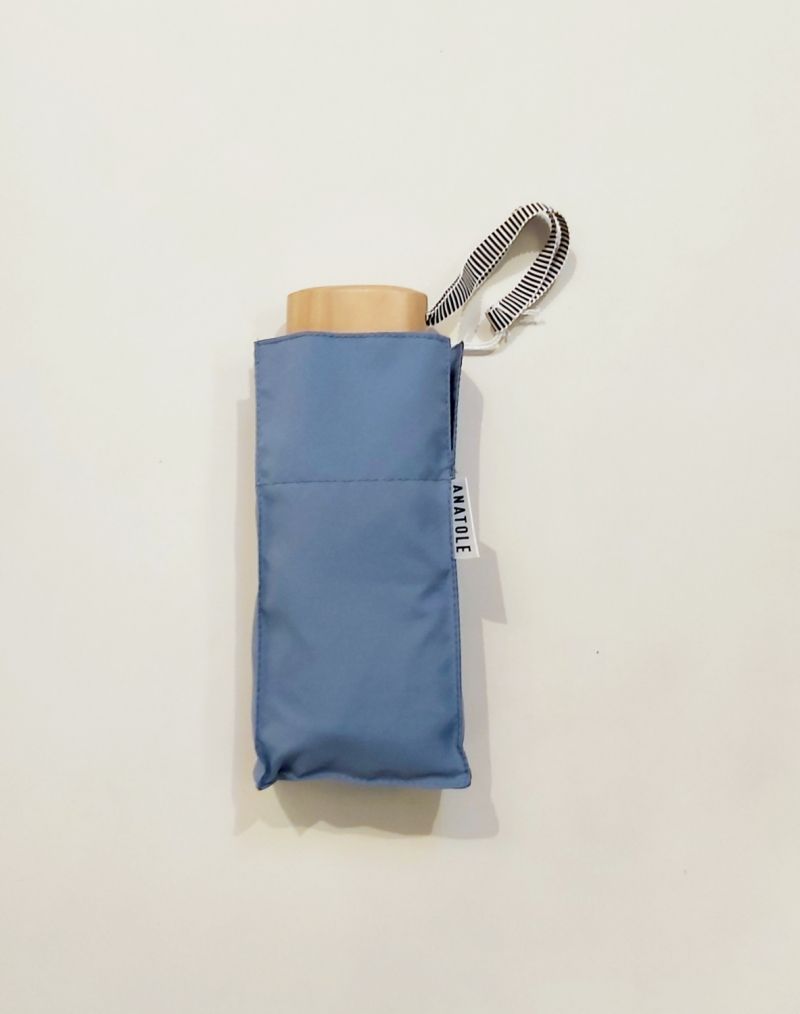  Parapluie de poche micro pliant plat uni bleu gris Victor pg bois naturel Anatole 17cm - Léger 220g, solide & français
