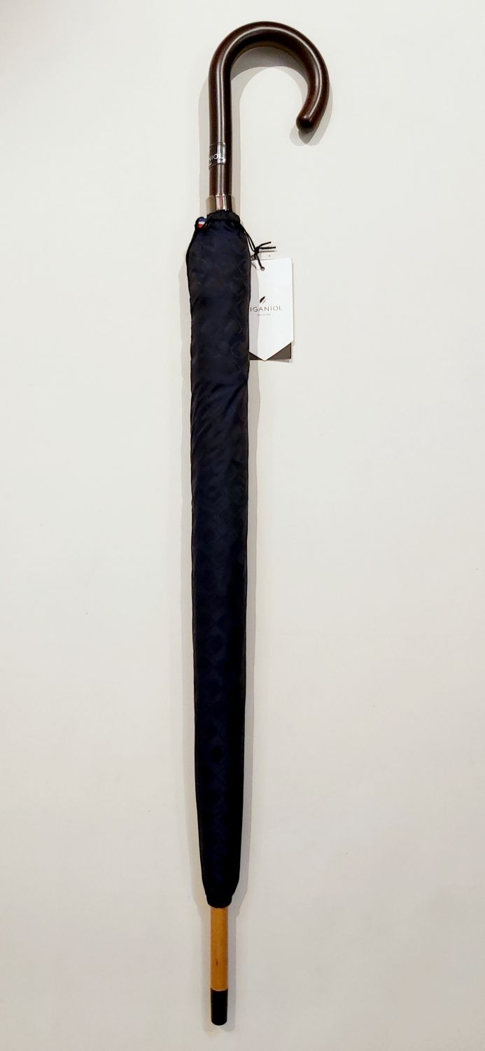 Parapluie long haut de gamme uni bleu marine fantaisie Piganiol manuel 10 branches pgn bois, élégant & anti retournement