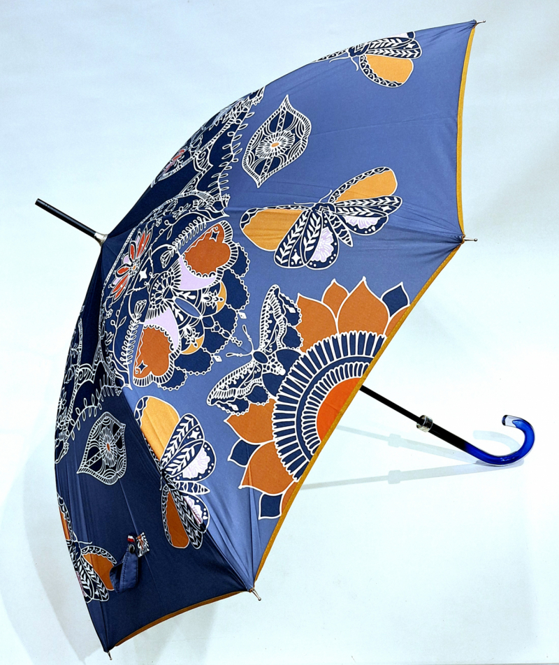 Parapluie long haut de gamme manuel mandala bleu et papillons - Français - Original & résistant