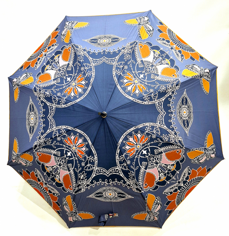 Parapluie long haut de gamme manuel mandala bleu et papillons - Français - Original & résistant