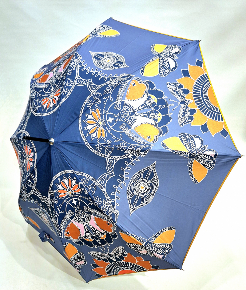Parapluie long haut de gamme manuel mandala bleu et papillons - Français - Original & résistant