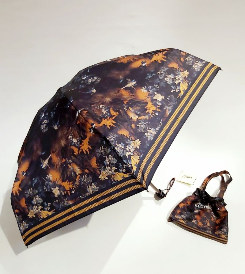 Parapluie jean Paul Gaultier micro plat de poche noir & orange fleurs oiseaux pochon imperméable - léger & résistant