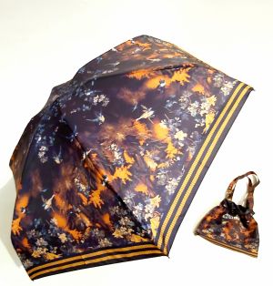 Parapluie jean Paul Gaultier micro plat de poche noir & orange fleurs oiseaux pochon imperméable - léger & résistant