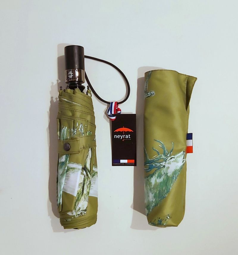 Parapluie mini pliant open-close vert imprimé animaux des bois Neyrat Autun, léger & solide