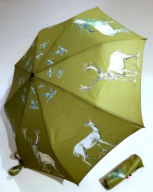 Parapluie mini pliant open-close vert imprimé animaux des bois Neyrat Autun, léger & solide
