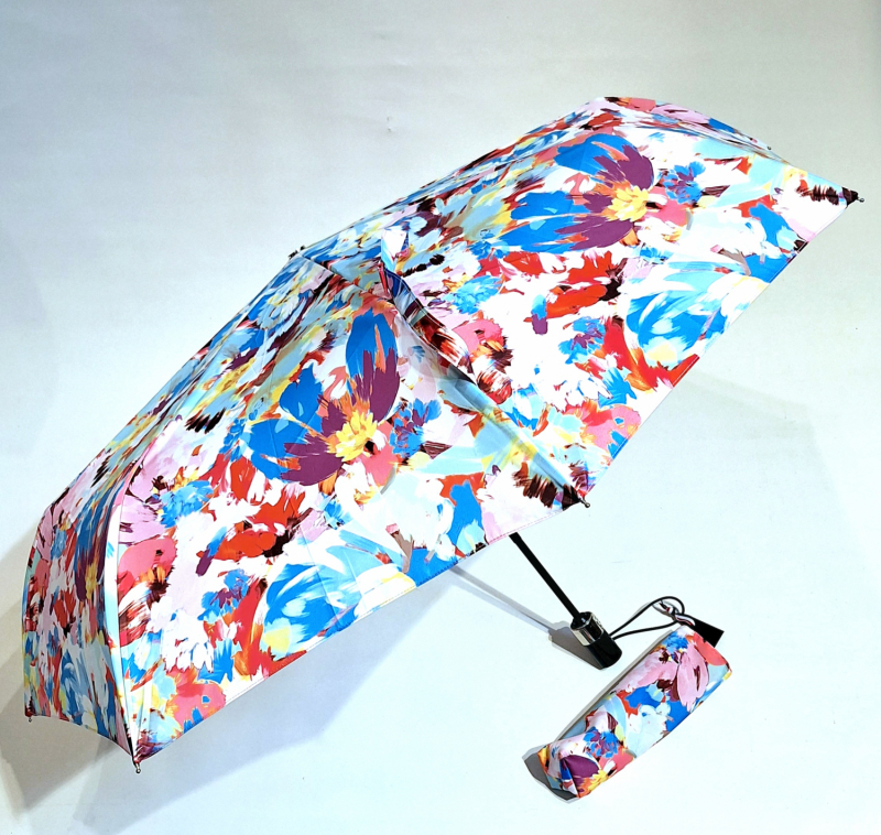 Parapluie mini pliant open-close blanc imprimé de fleurs peintes Neyrat Autun - léger & résistant
