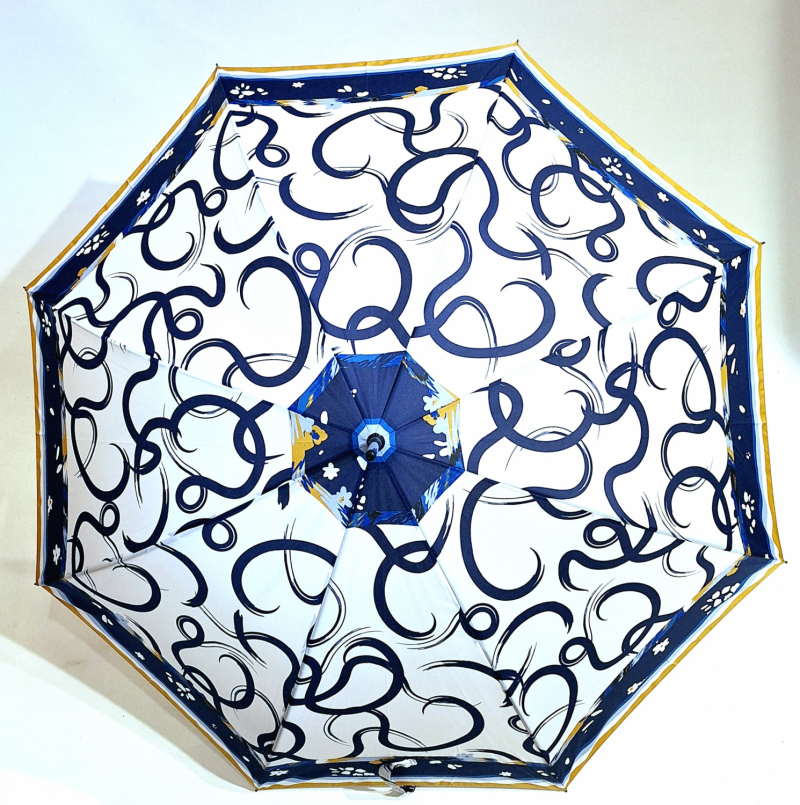 Parapluie long automatique blanc bleu imprime foulard style Hermès P.Cardin - Solide & elegant