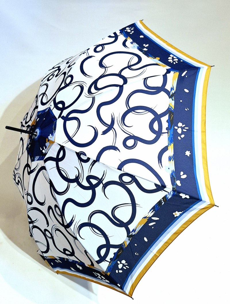 Parapluie long automatique blanc bleu imprime foulard style Hermès P.Cardin - Solide & elegant