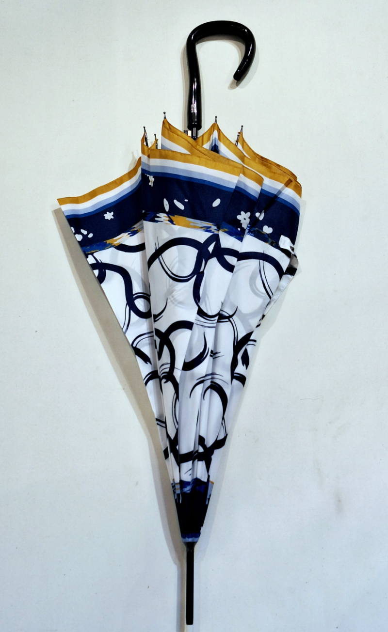 Parapluie long automatique blanc bleu imprime foulard style Hermès P.Cardin - Solide & elegant