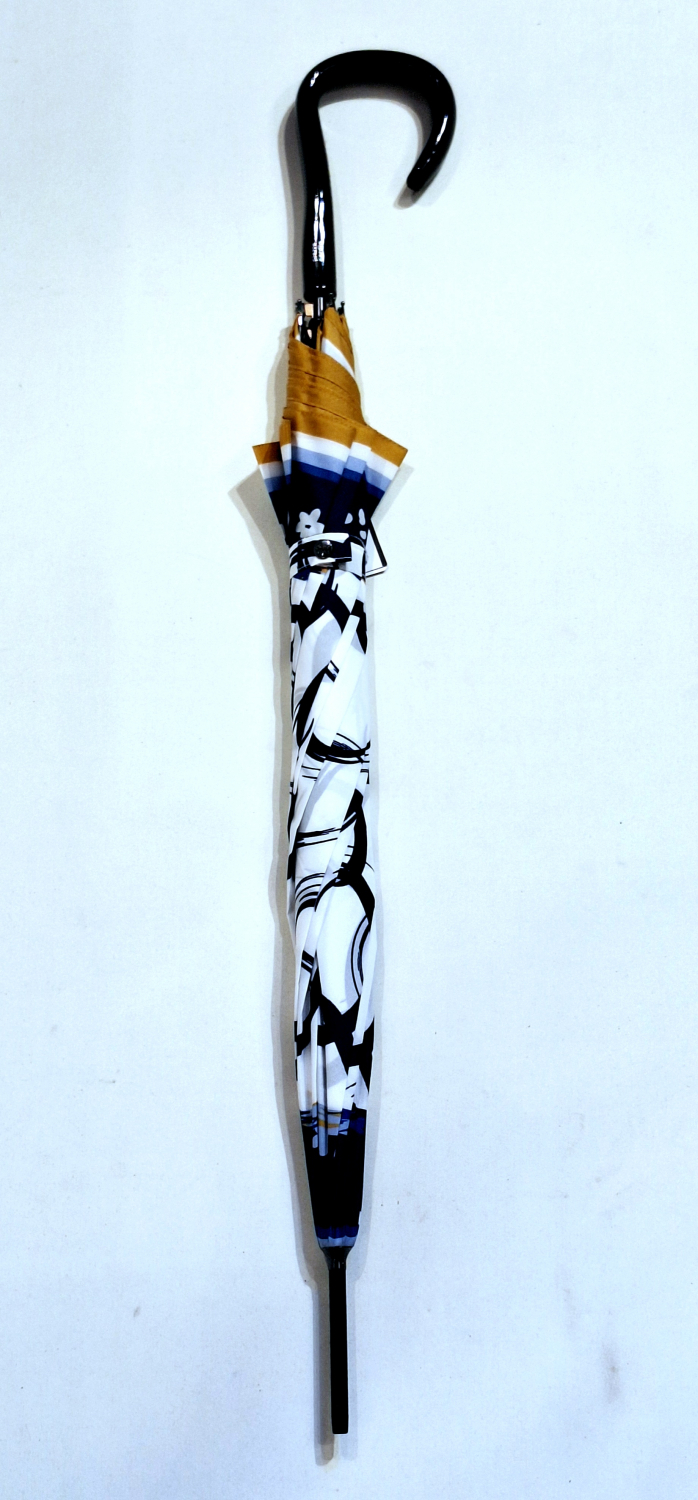Parapluie long automatique blanc bleu imprime foulard style Hermès P.Cardin - Solide & elegant