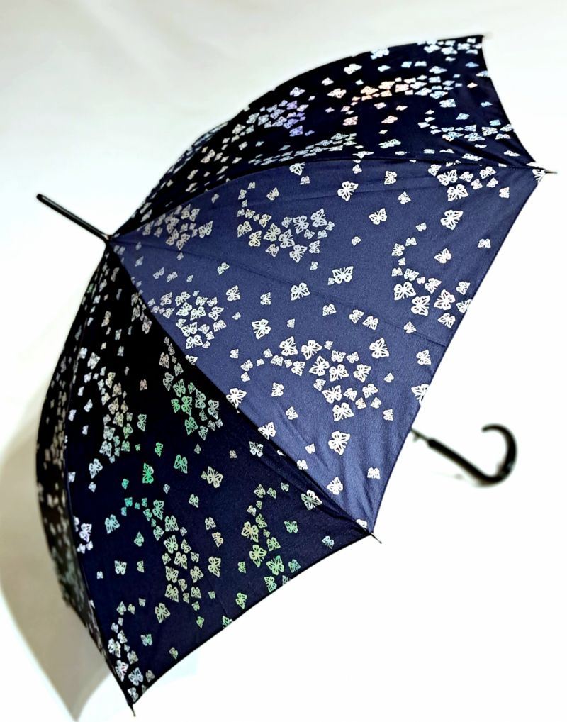 Parapluie long automatique bleu marine & papillons argent -  Grand 105cm & anti vent