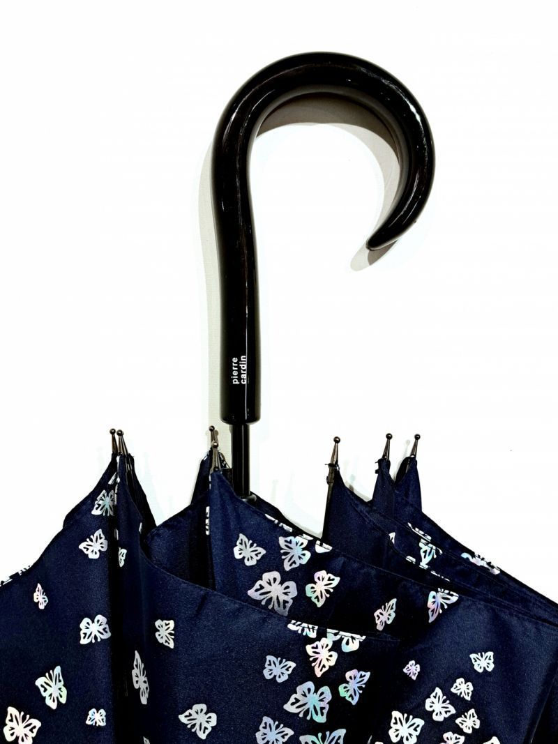 Parapluie long automatique bleu marine & papillons argent -  Grand 105cm & anti vent