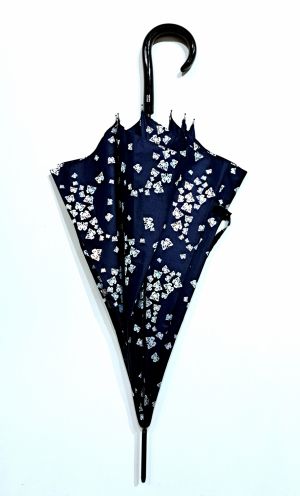 Parapluie long automatique bleu marine & papillons argent -  Grand 105cm & anti vent