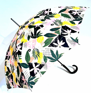 Parapluie long automatique blanc imprime tropical jaune & vert P.Cardin - Léger & résistant