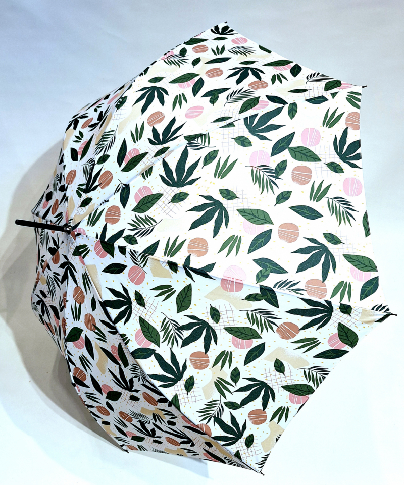 Parapluie long automatique blanc imprime tropicale P.Cardin - Grand & anti vent 