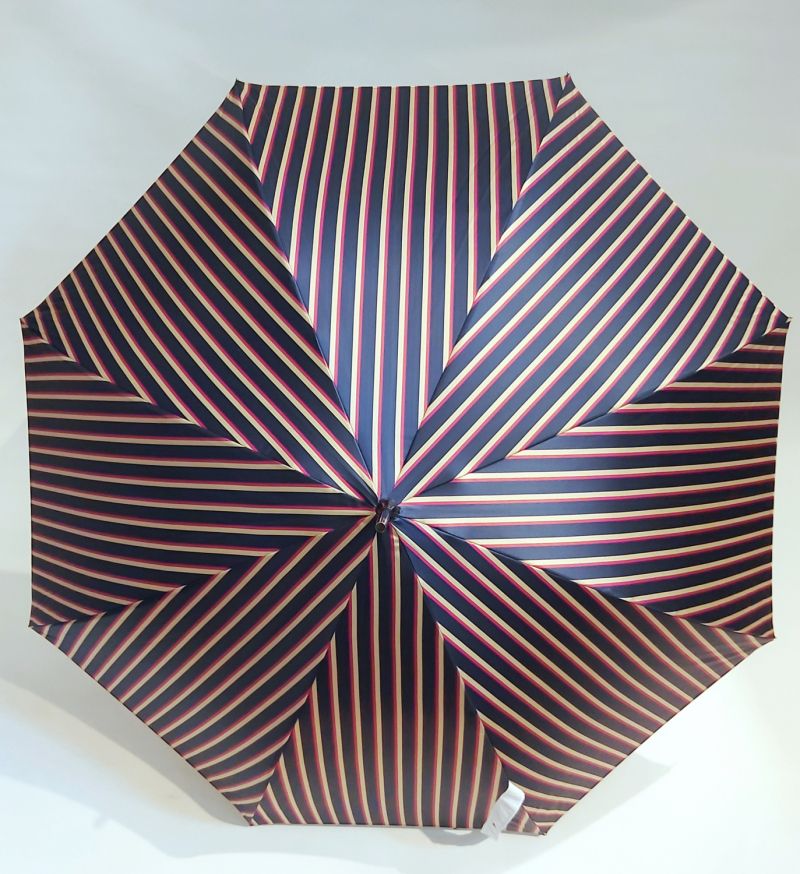 Parapluie Français canne poignée courbe bois rayé marine & beige, élégant et résistant
