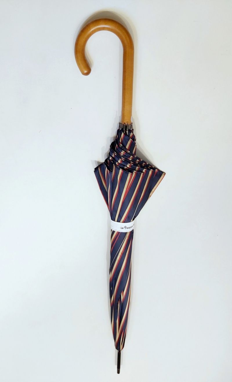 Parapluie Français canne poignée courbe bois rayé marine & beige, élégant et résistant