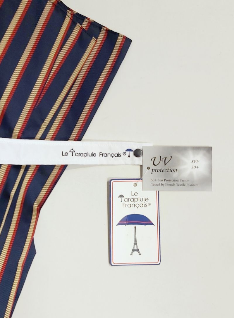 Parapluie Français canne poignée courbe bois rayé marine & beige, élégant et résistant