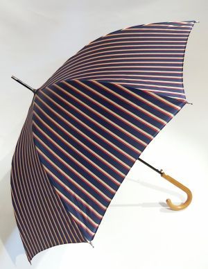 Parapluie Français canne poignée courbe bois rayé marine & beige, élégant et résistant