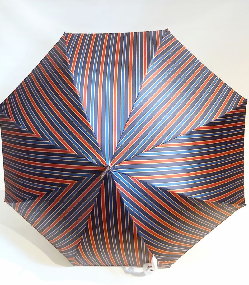Parapluie Français canne automatique poignée courbe bois rayé marine & rouge - élégant & résistant