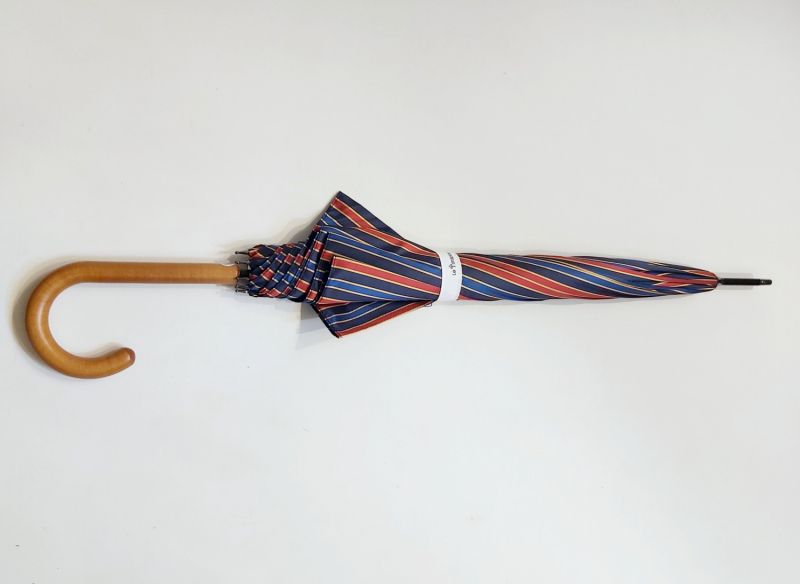 Parapluie Français canne automatique poignée courbe bois rayé marine & rouge - élégant & résistant