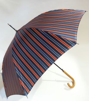 Parapluie Français canne automatique poignée courbe bois rayé marine & rouge, élégant et résistant