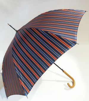 Parapluie Français canne automatique poignée courbe bois rayé marine & rouge - élégant & résistant