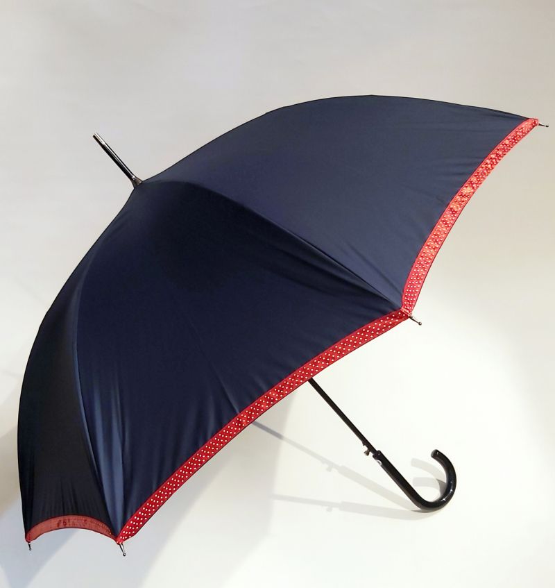 Parapluie Français canne automatique uni bleu marine gansé, chic et résistant
