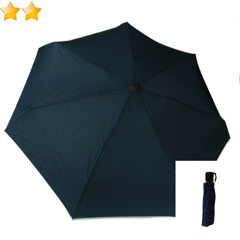 Mini parapluie plat pliant uni bleu marine open-close Guy de Jean, léger 290g & solide