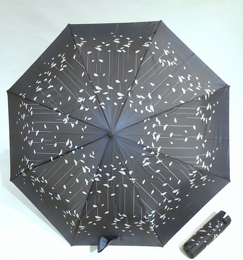 Mini parapluie pliant Knirps open close noir fantaisie petit feuillage, léger et solide