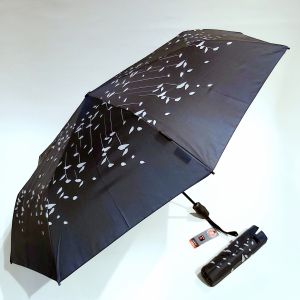 Mini parapluie pliant Knirps open close noir fantaisie petit feuillage SING, léger et solide