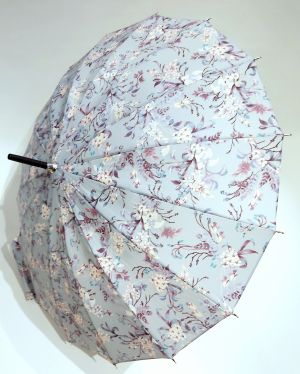 Petit parapluie long français vert d'eau fantaisie 16 branches Japonisant "Charme", robuste & anti retournement