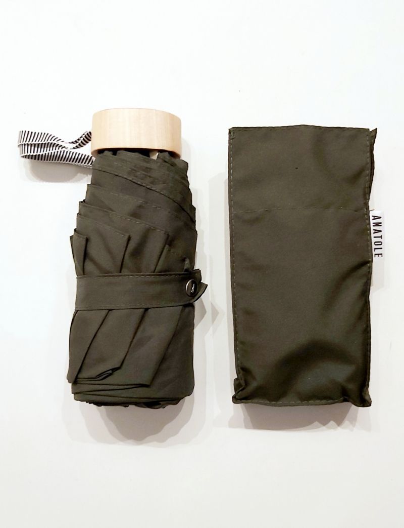 Micro parapluie Anatole plat de poche uni kaki foncé pg bois naturel - Léonard- léger 220g & solide