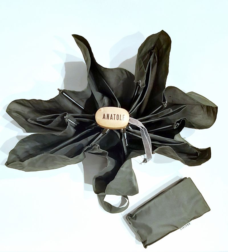 Micro parapluie Anatole plat de poche uni kaki foncé pg bois naturel -Léonard- léger 220g & solide