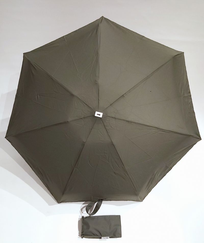 Micro parapluie Anatole plat de poche uni kaki foncé pg bois naturel -Léonard- léger 220g & solide