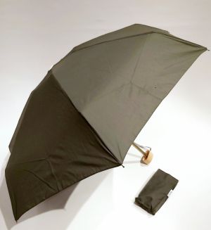 Micro parapluie Anatole plat de poche uni kaki foncé pg bois naturel - Léonard- léger 220g & solide