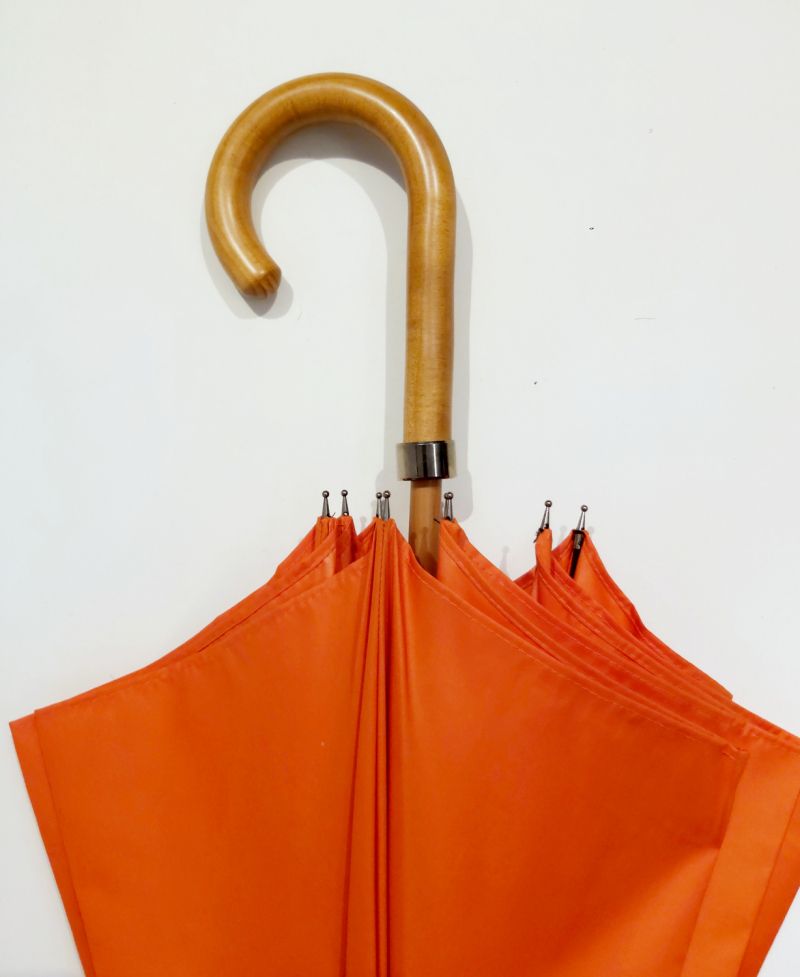 EXCLUSIF : Parapluie canne bois manuel uni orange français anti vent, Léger & solide