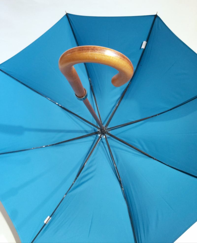  Parapluie uni bleu canne en bois naturel manuel français de qualité fait main par Piganiol - Léger & anti vent